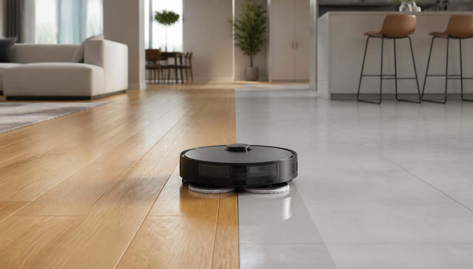 A vacuum mop combo robot cleaning a tiled kitchen floor with a visible wet mop pad. Image by www.CleaningRobots.Online.
