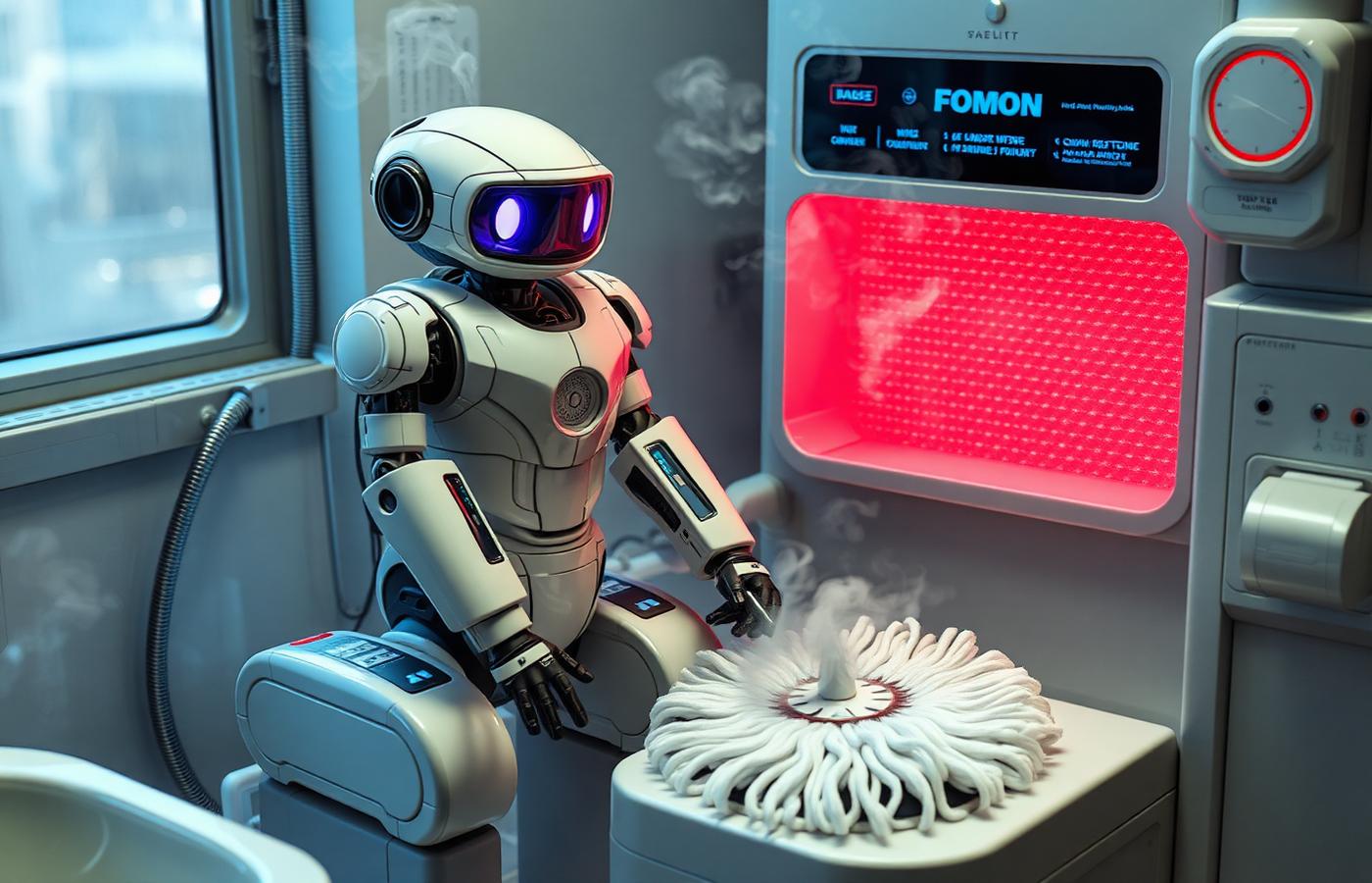 A combo robot docked at its base station with a water tank and cleaning solution bottle. Image by www.CleaningRobots.Online.