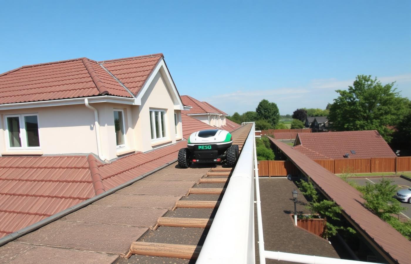 A person testing a gutter cleaning robot head against a section of aluminium guttering. Image by www.CleaningRobots.Online.