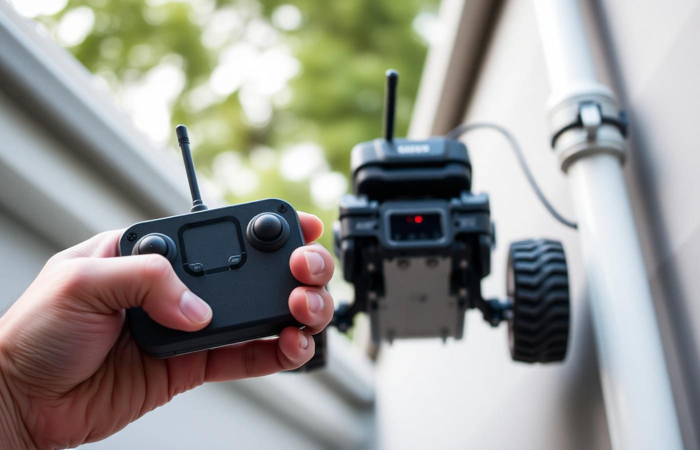 A camera-equipped gutter cleaning robot head showing a live video feed on a phone screen. Image by www.CleaningRobots.Online.