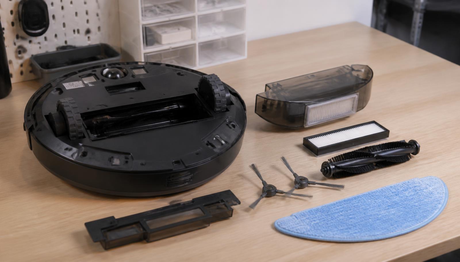 A person kneeling on a living room floor performing maintenance on a robot vacuum cleaner with tools laid out beside it. Image by www.CleaningRobots.Online.