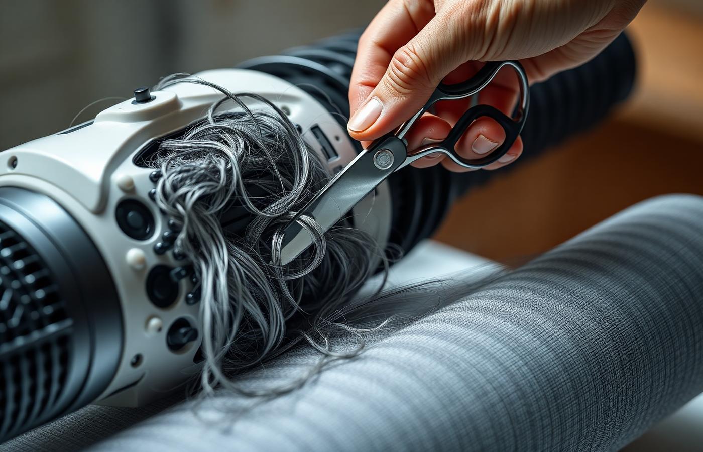 Close-up of hands cleaning tangled hair and debris from the main roller brush of a robot vacuum. Image by www.CleaningRobots.Online.