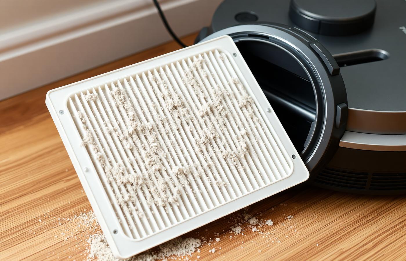A robot vacuum's charging dock and self-empty base station being wiped down and inspected with replacement filters nearby. Image by www.CleaningRobots.Online.