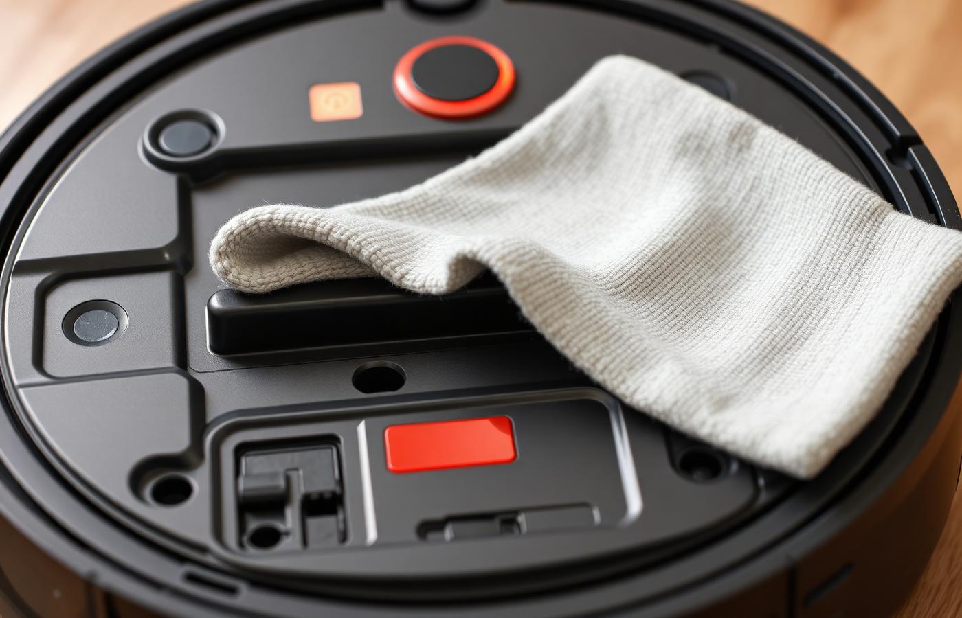 A person washing a robot vacuum's mop pads and filter under a kitchen tap. Image by www.CleaningRobots.Online.