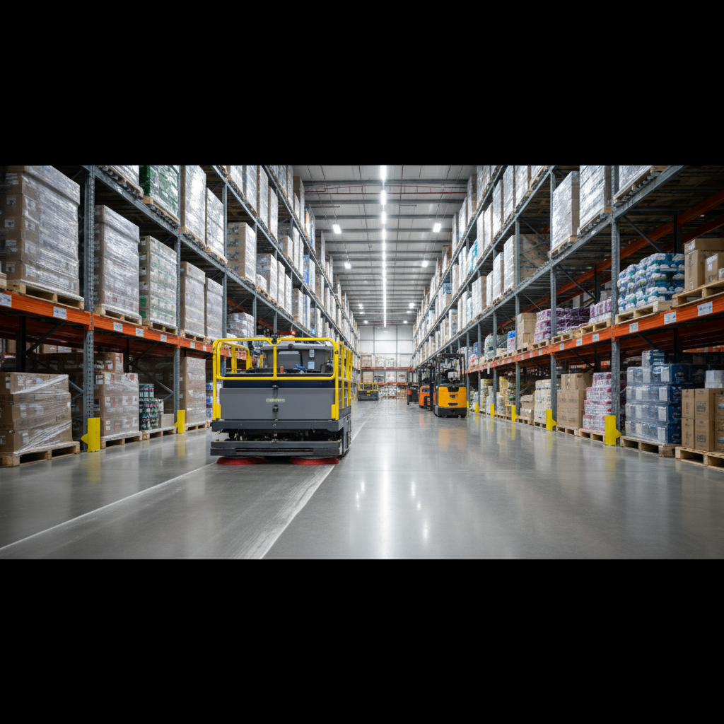 A large autonomous floor scrubbing robot cleaning the aisle of a warehouse. Image by www.CleaningRobots.Online.