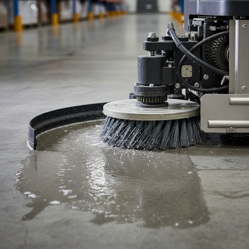 Close-up of the scrubbing brushes and squeegee under a commercial cleaning robot. Image by www.CleaningRobots.Online.