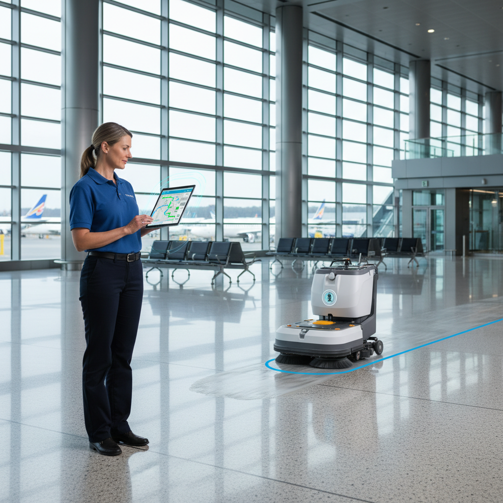 A commercial scrubbing robot docked at a charging and water refill station in a facility corridor. Image by www.CleaningRobots.Online.
