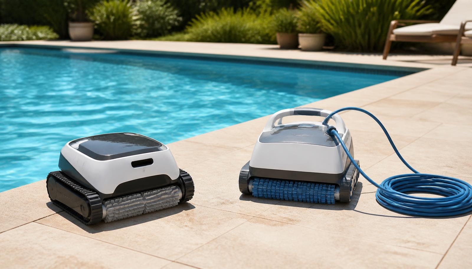 A cordless robot pool cleaner floating near the surface of a backyard pool with no attached cable. Image by www.CleaningRobots.Online.