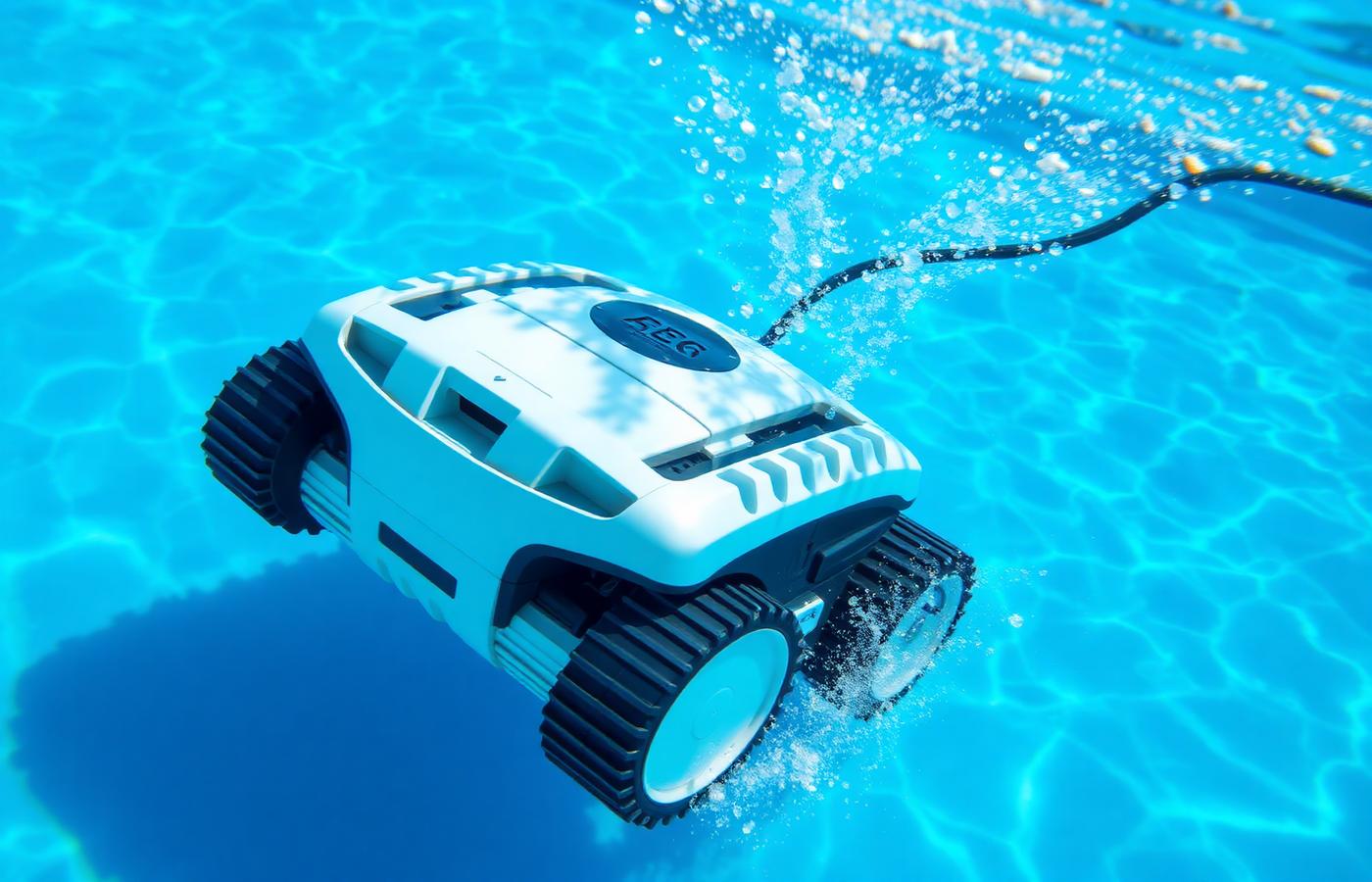 A corded robot pool cleaner sitting on a pool deck with its power cable coiled beside it. Image by www.CleaningRobots.Online.