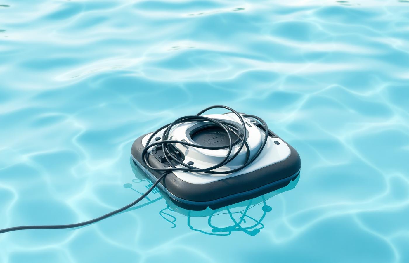 A pool owner charging a cordless robot pool cleaner on a docking station beside the pool. Image by www.CleaningRobots.Online.