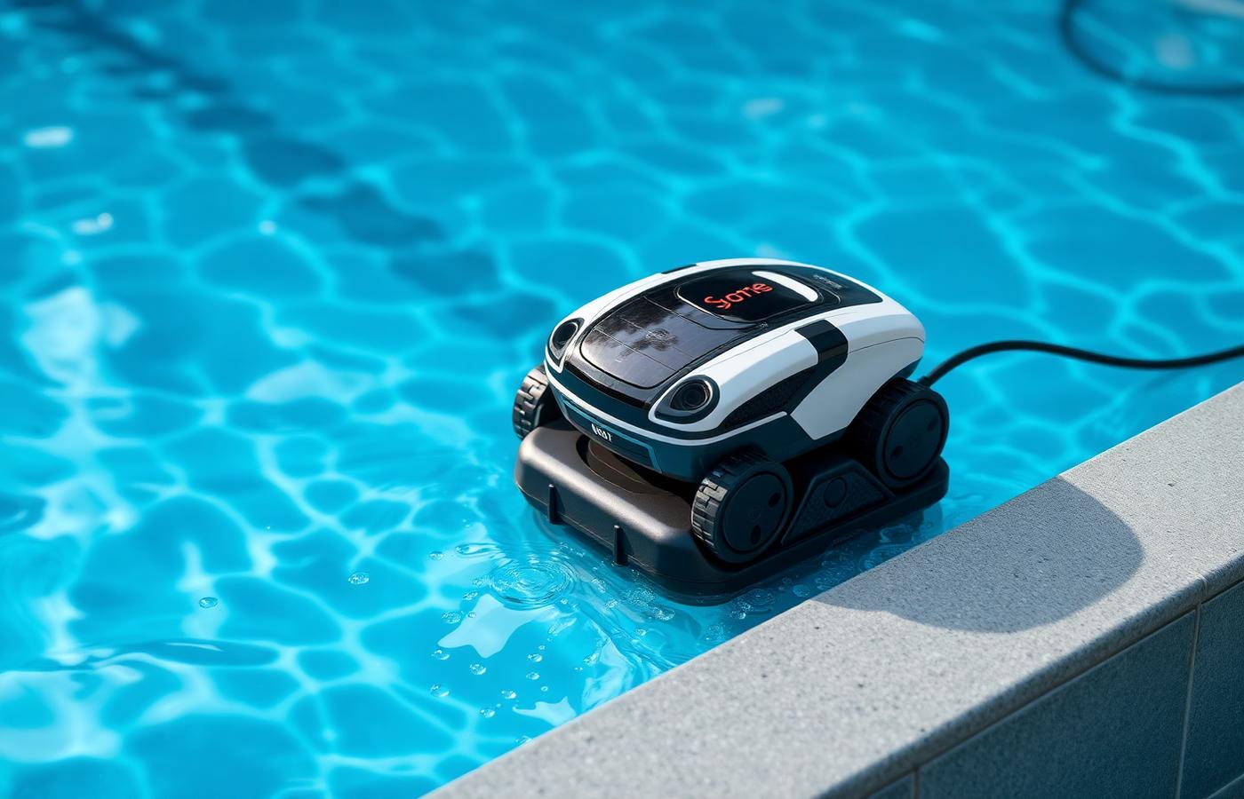 Side by side comparison of a cordless and a corded robot pool cleaner on a pool deck. Image by www.CleaningRobots.Online.