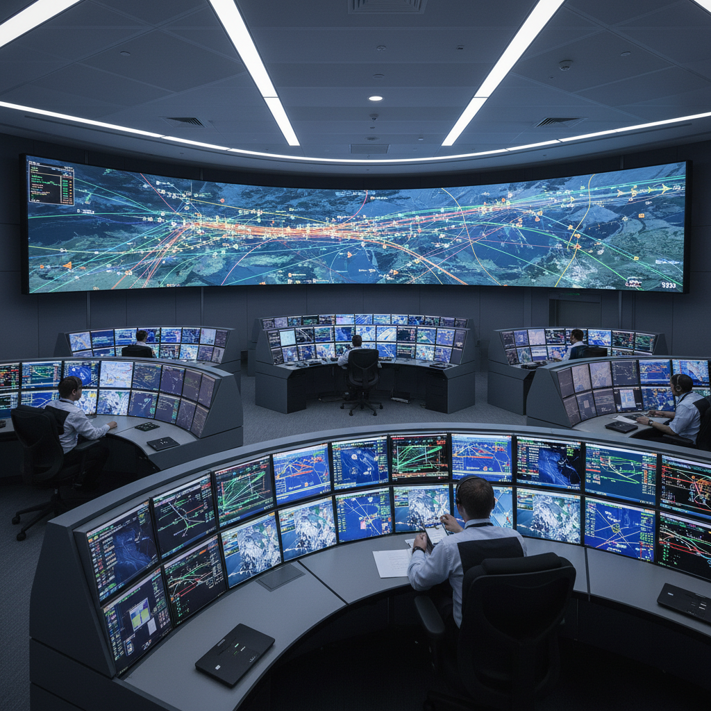 An aviation regulator's control room screen showing drone flight paths over a city map. Image by www.CleaningRobots.Online.