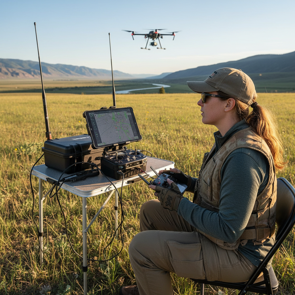 A technician inspecting a delivery drone before a flight in a warehouse loading area. Image by www.CleaningRobots.Online.