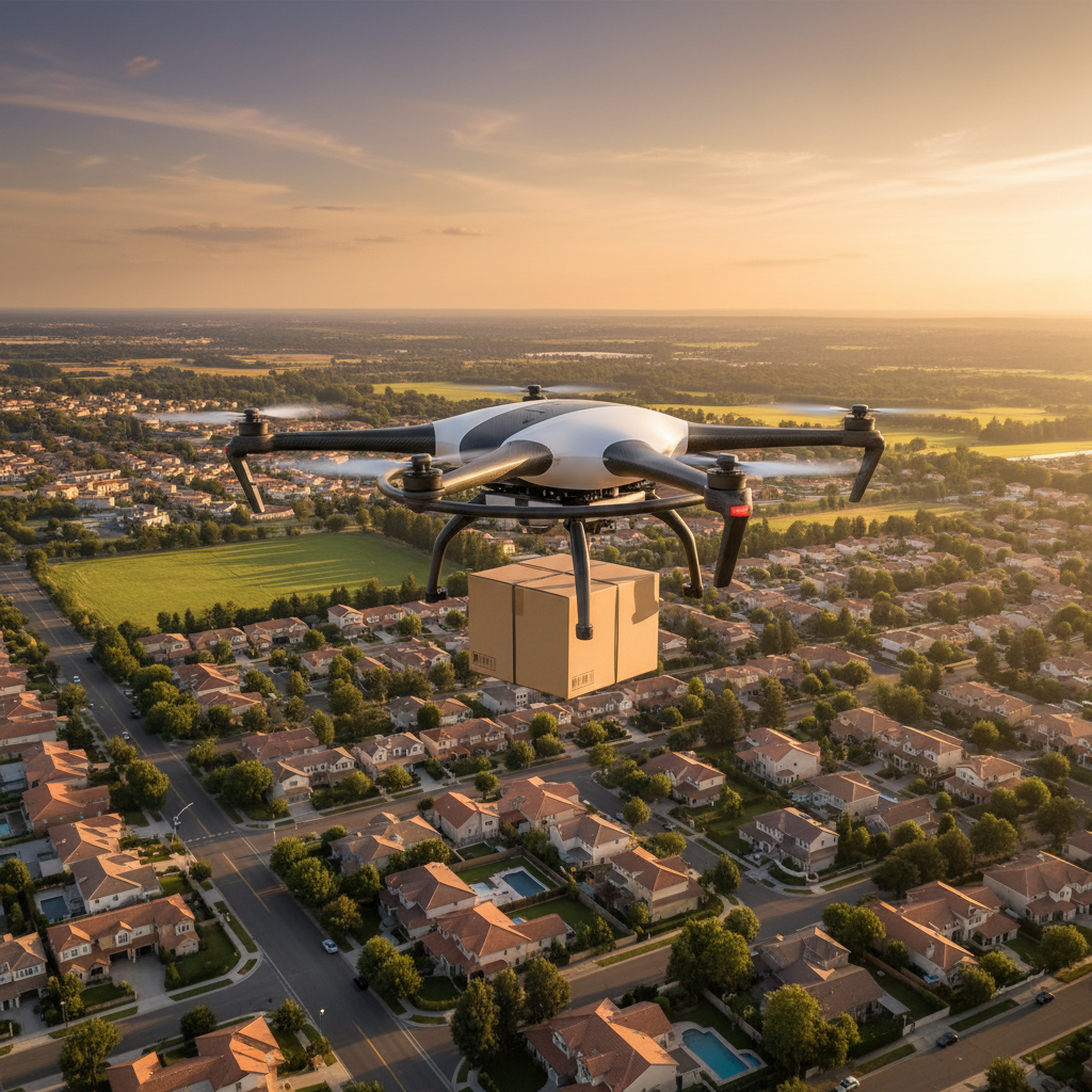 A flying delivery drone carrying a small cargo box over a suburban street at golden hour. Image by www.CleaningRobots.Online.