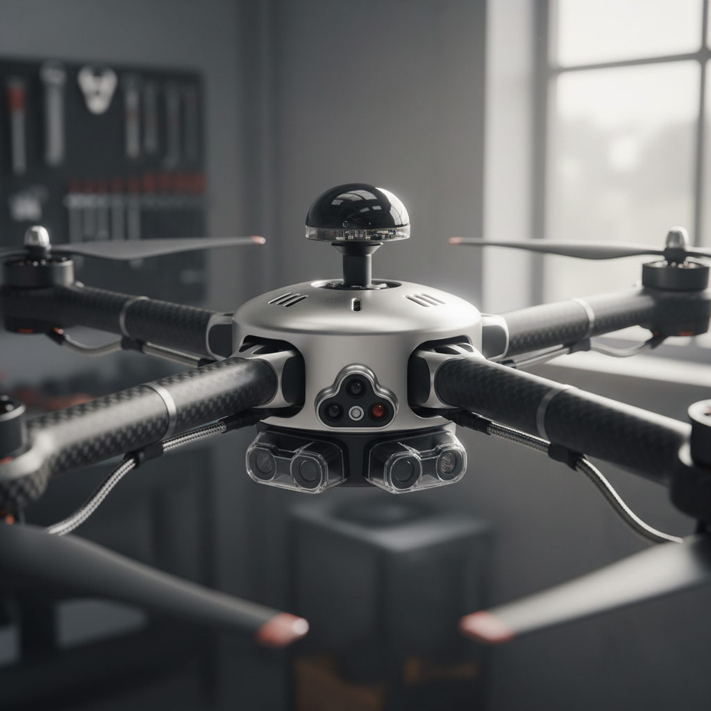 Close-up of a delivery drone's rotor arms and downward-facing obstacle sensors. Image by www.CleaningRobots.Online.