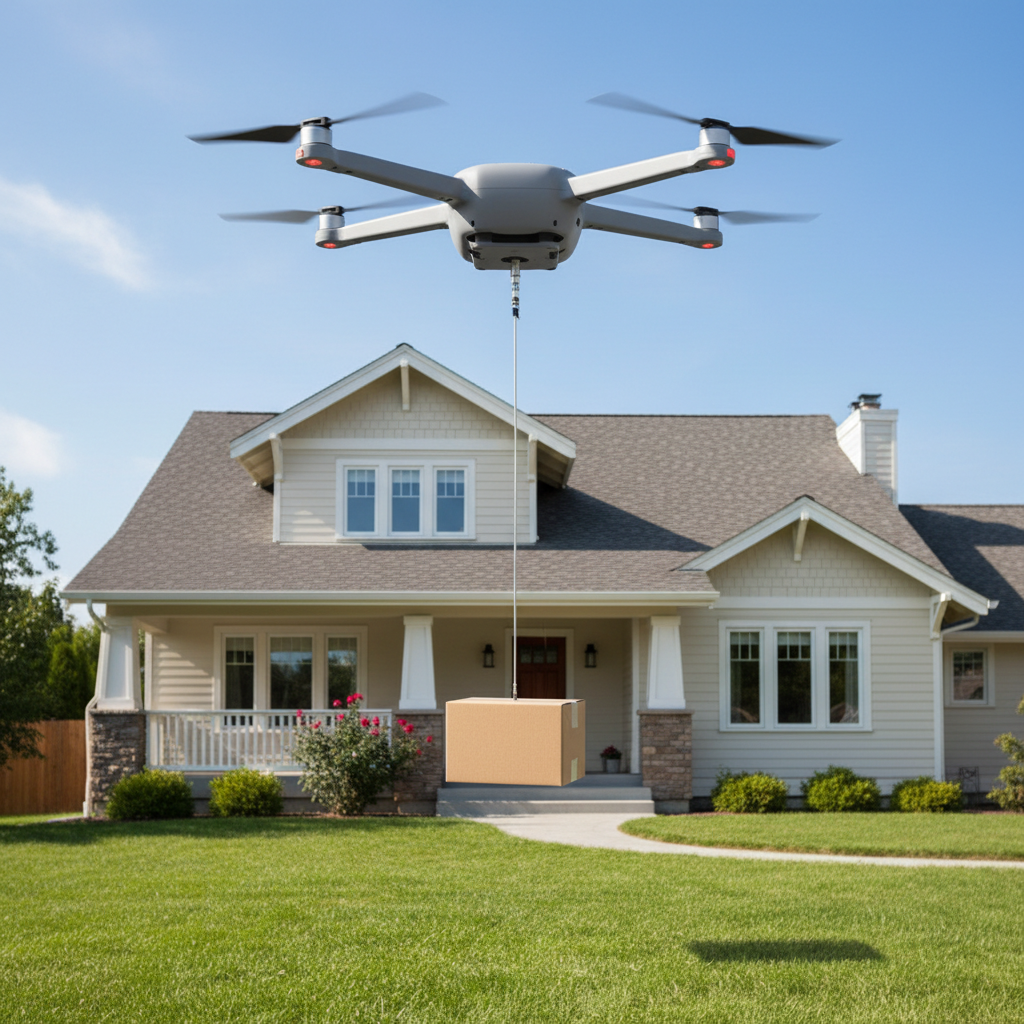 A delivery drone lowering a package on a winch line to a suburban front yard. Image by www.CleaningRobots.Online.
