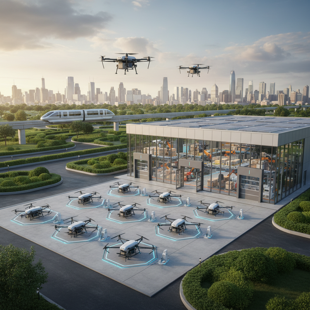 An automated drone distribution hub with delivery drones charging on landing pads outside a warehouse. Image by www.CleaningRobots.Online.