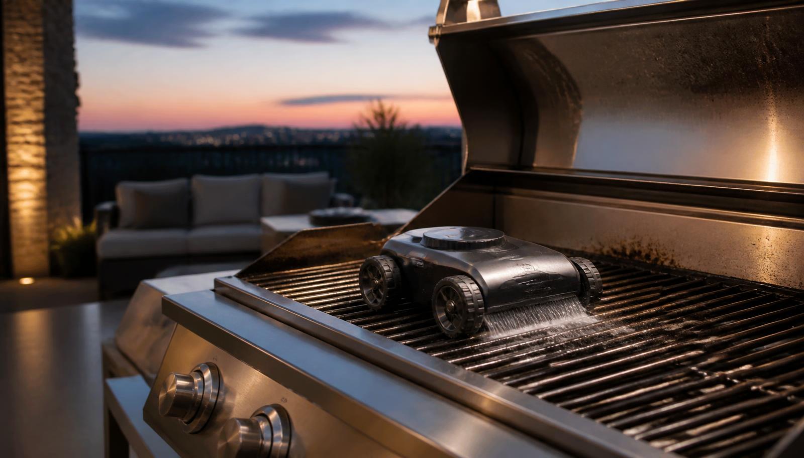 An outdoor patio at dusk with a small robotic grill-cleaning device sitting on a barbecue grate. Image by www.CleaningRobots.Online.