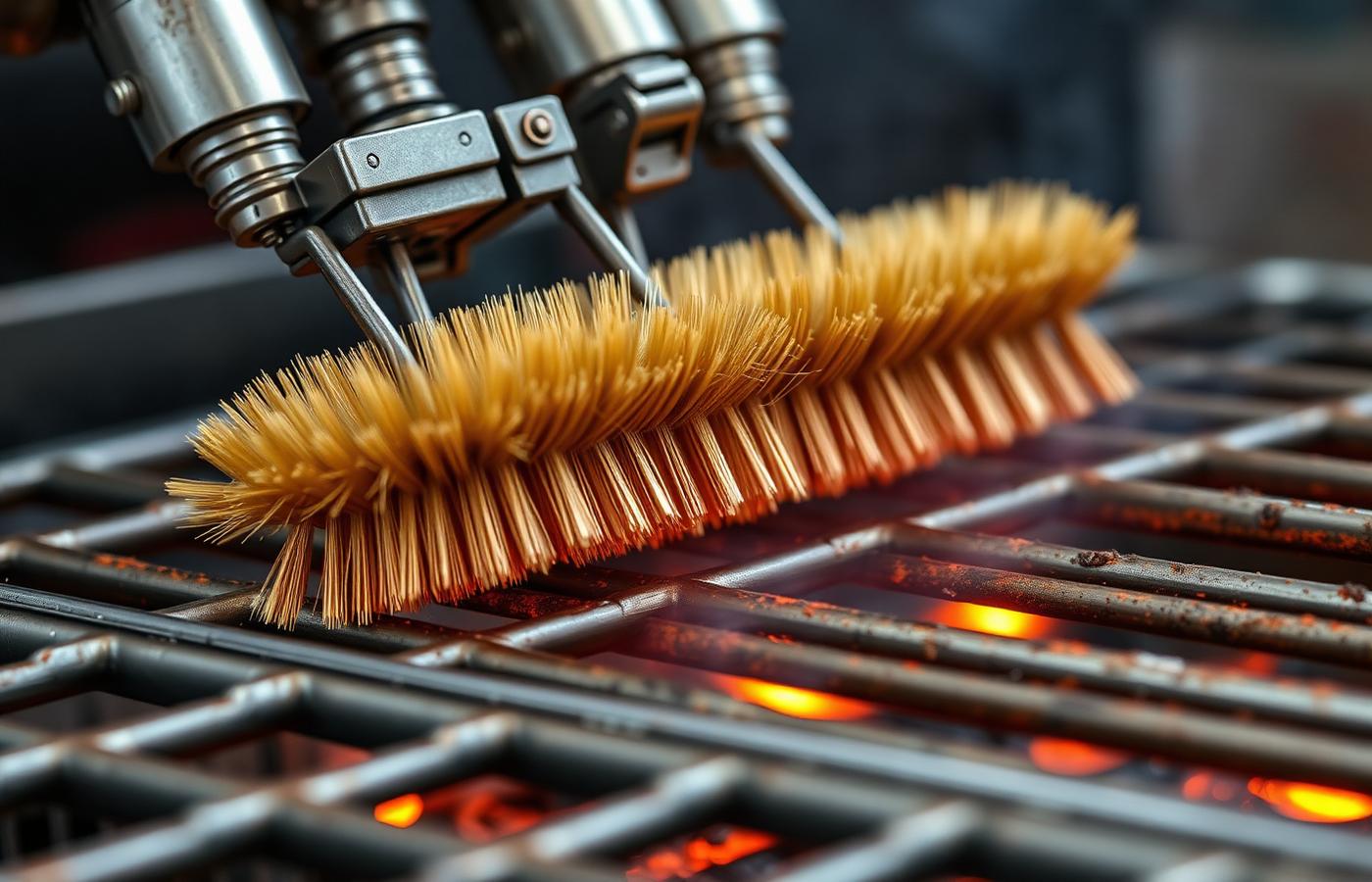 Close-up of a small wheeled robotic brush scrubbing grease and char off a barbecue grill grate. Image by www.CleaningRobots.Online.