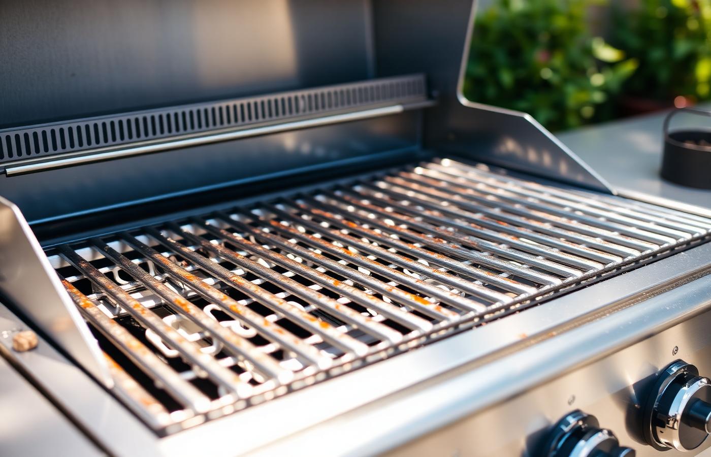 A clean stainless steel barbecue grill grate on an outdoor kitchen counter after robotic cleaning. Image by www.CleaningRobots.Online.