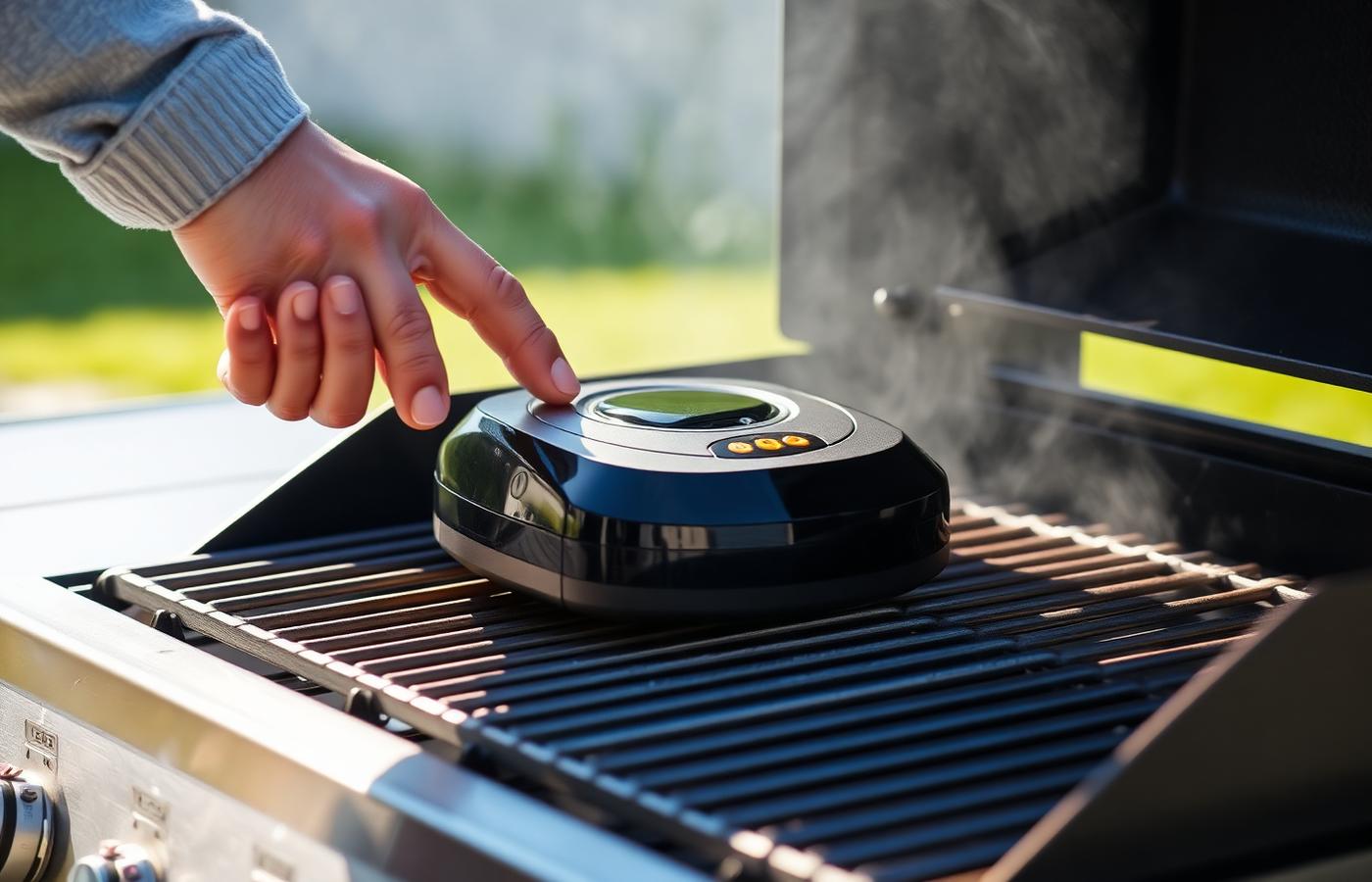 A hand placing a compact automatic grill-cleaning robot onto a barbecue grate outdoors in daylight. Image by www.CleaningRobots.Online.