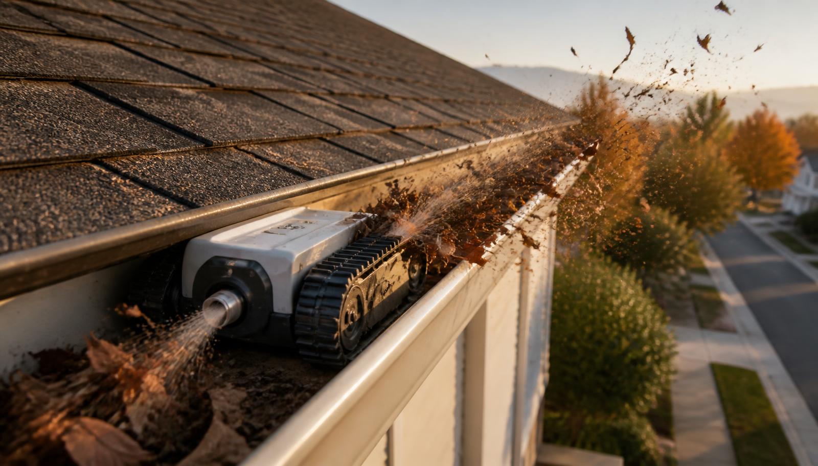A gutter cleaning robot mounted on an extension pole clearing leaves from a home gutter. Image by www.CleaningRobots.Online.