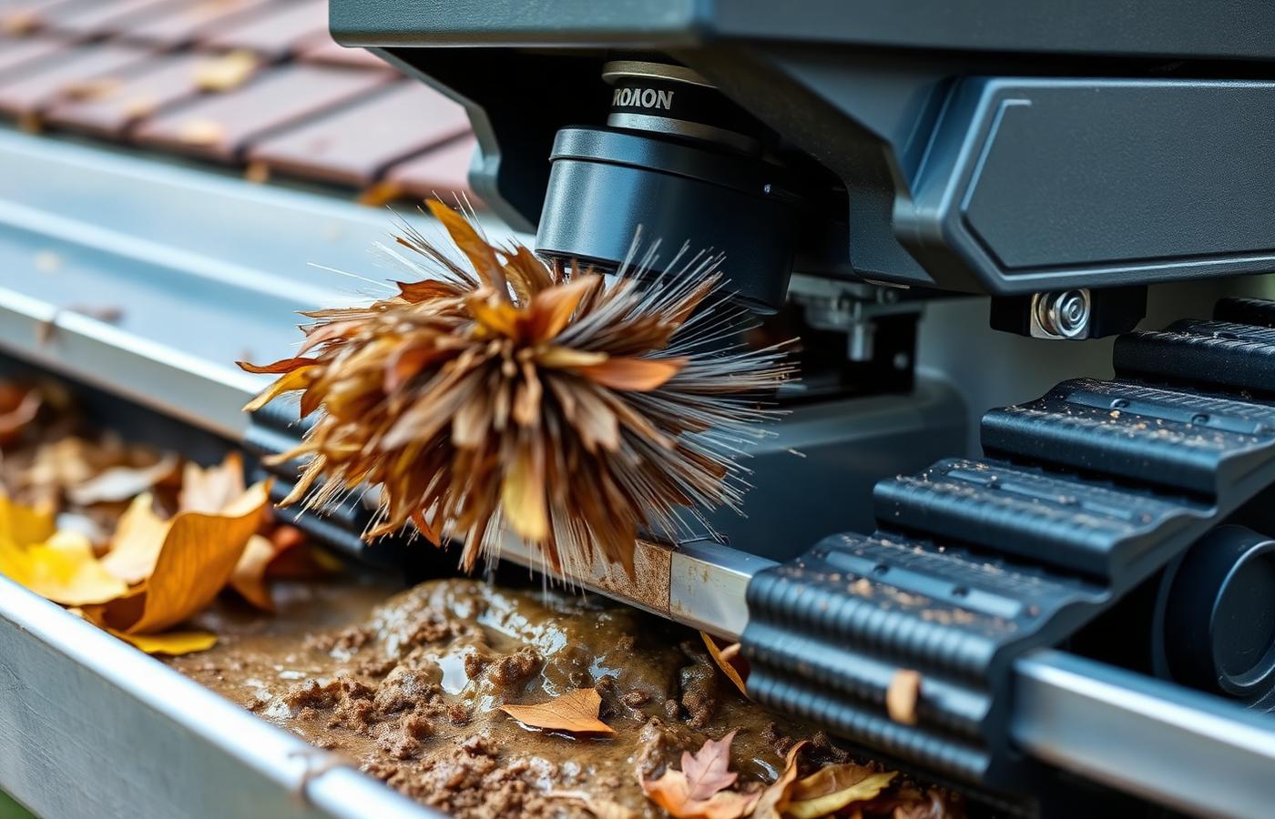 Close-up of a robotic gutter cleaning head with rotating brushes inside a residential gutter. Image by www.CleaningRobots.Online.