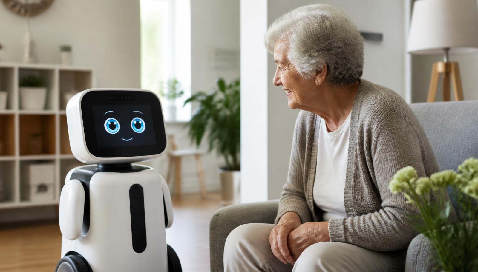 A friendly home companion robot with a small screen assisting an elderly woman in a bright living room. Image by www.CleaningRobots.Online.