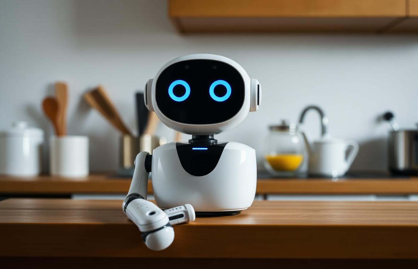A compact home assistant robot on a kitchen counter displaying a medication reminder near elderly hands. Image by www.CleaningRobots.Online.