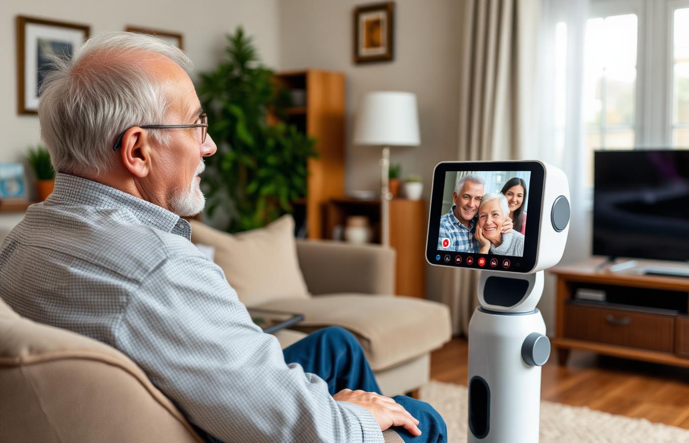 A small mobile home robot with camera sensors following an elderly man walking through a hallway with a cane. Image by www.CleaningRobots.Online.