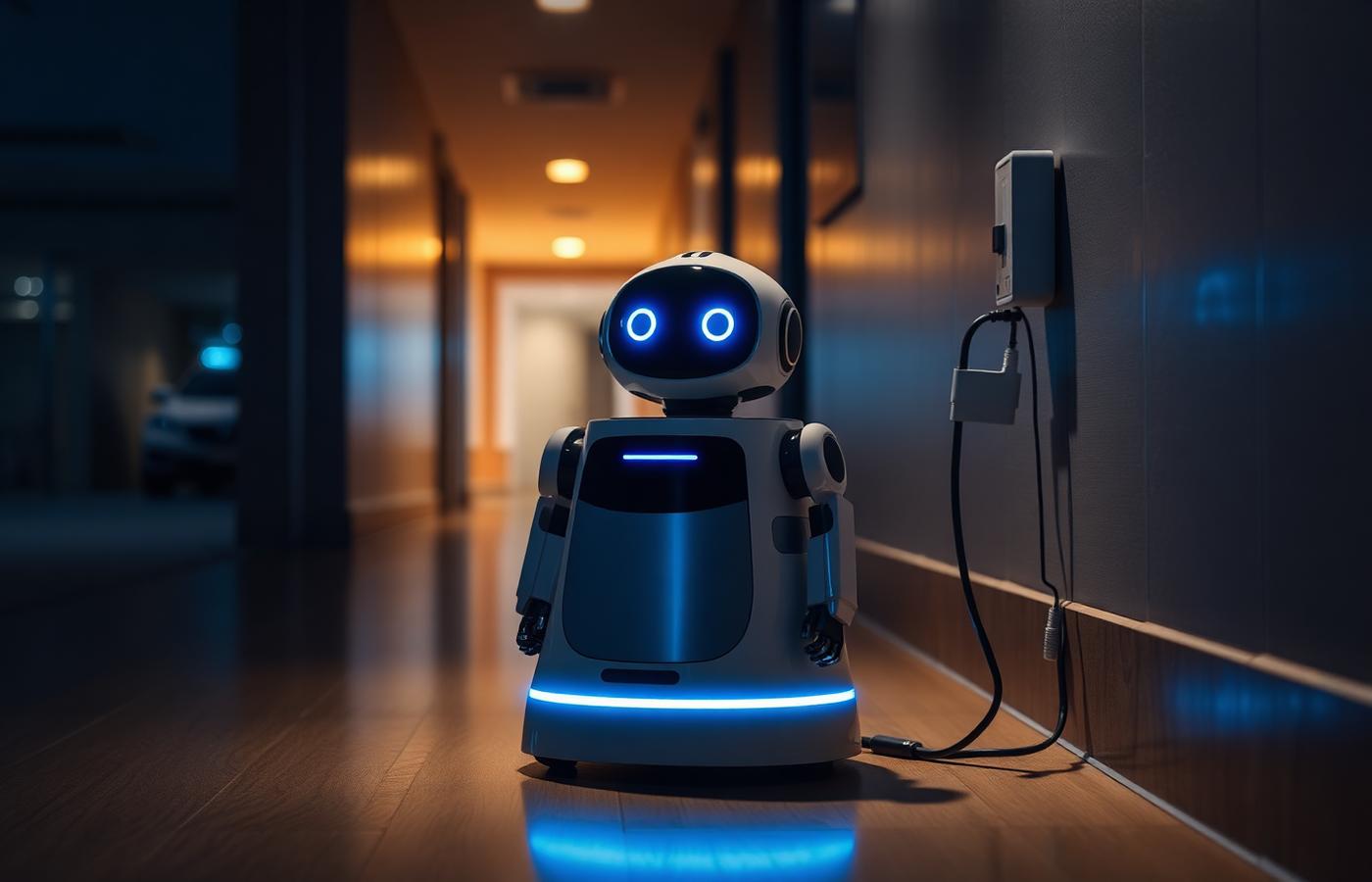 An adult child video calling on a tablet to check on a home assistant robot device in a relative's living room. Image by www.CleaningRobots.Online.