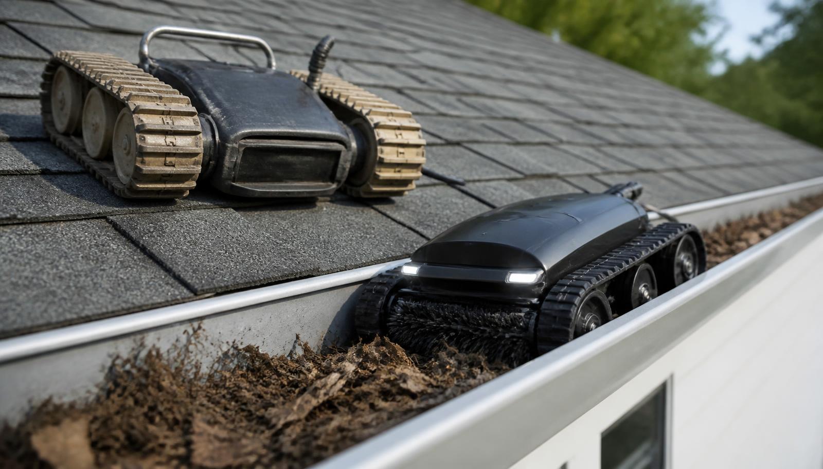 A small tracked gutter robot driving along the inside of a residential gutter channel. Image by www.CleaningRobots.Online.