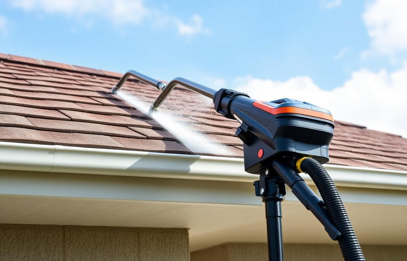 A pole-mounted gutter cleaning attachment being used as an alternative to a tracked gutter robot. Image by www.CleaningRobots.Online.