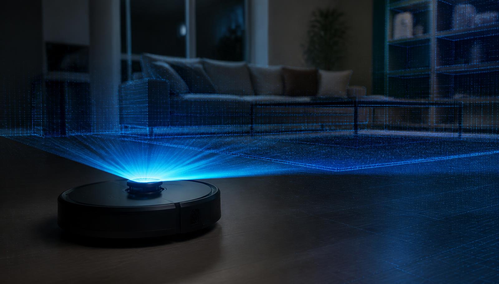 Two robot vacuums side by side on a hardwood floor, one with a raised laser turret scanning the room and one low-profile with a front camera. Image by www.CleaningRobots.Online.