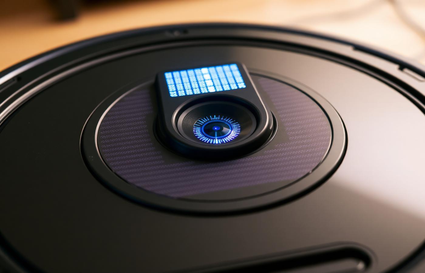 Close-up of a robot vacuum's front-facing navigation camera lens used for visual mapping. Image by www.CleaningRobots.Online.
