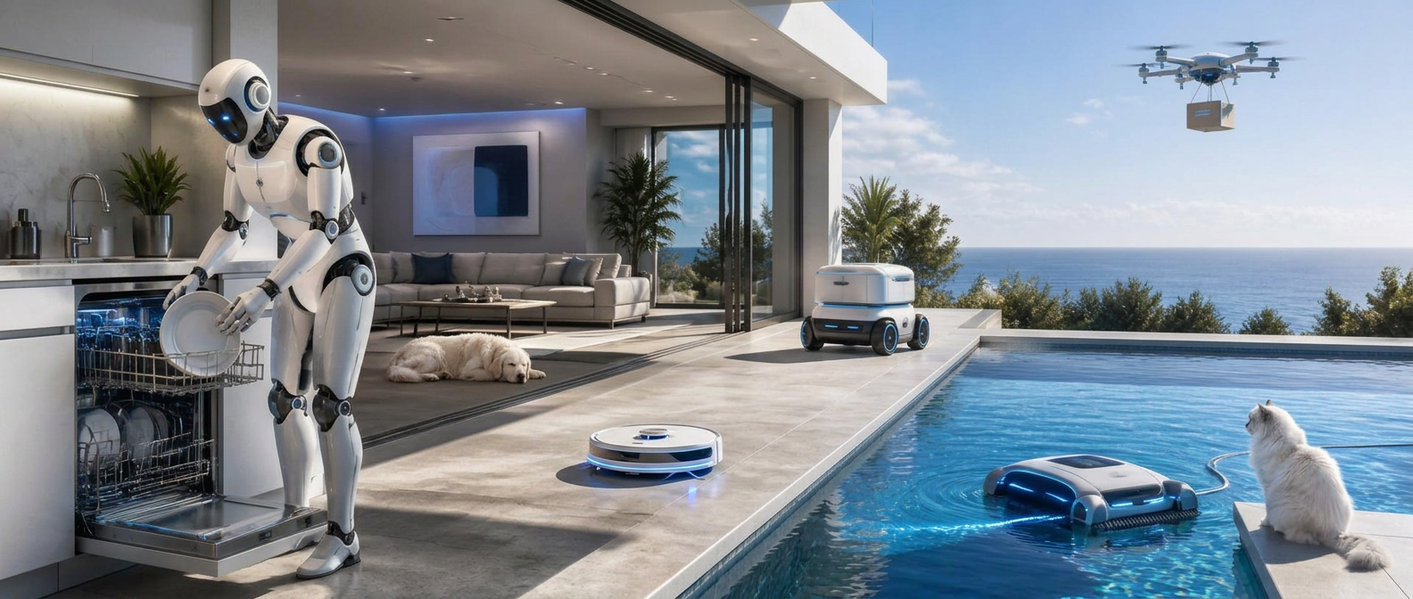 Blended scene of new robot models including a kitchen helper robot loading a dishwasher, robot vacuum cleaning tiles, robotic pool cleaner, food…