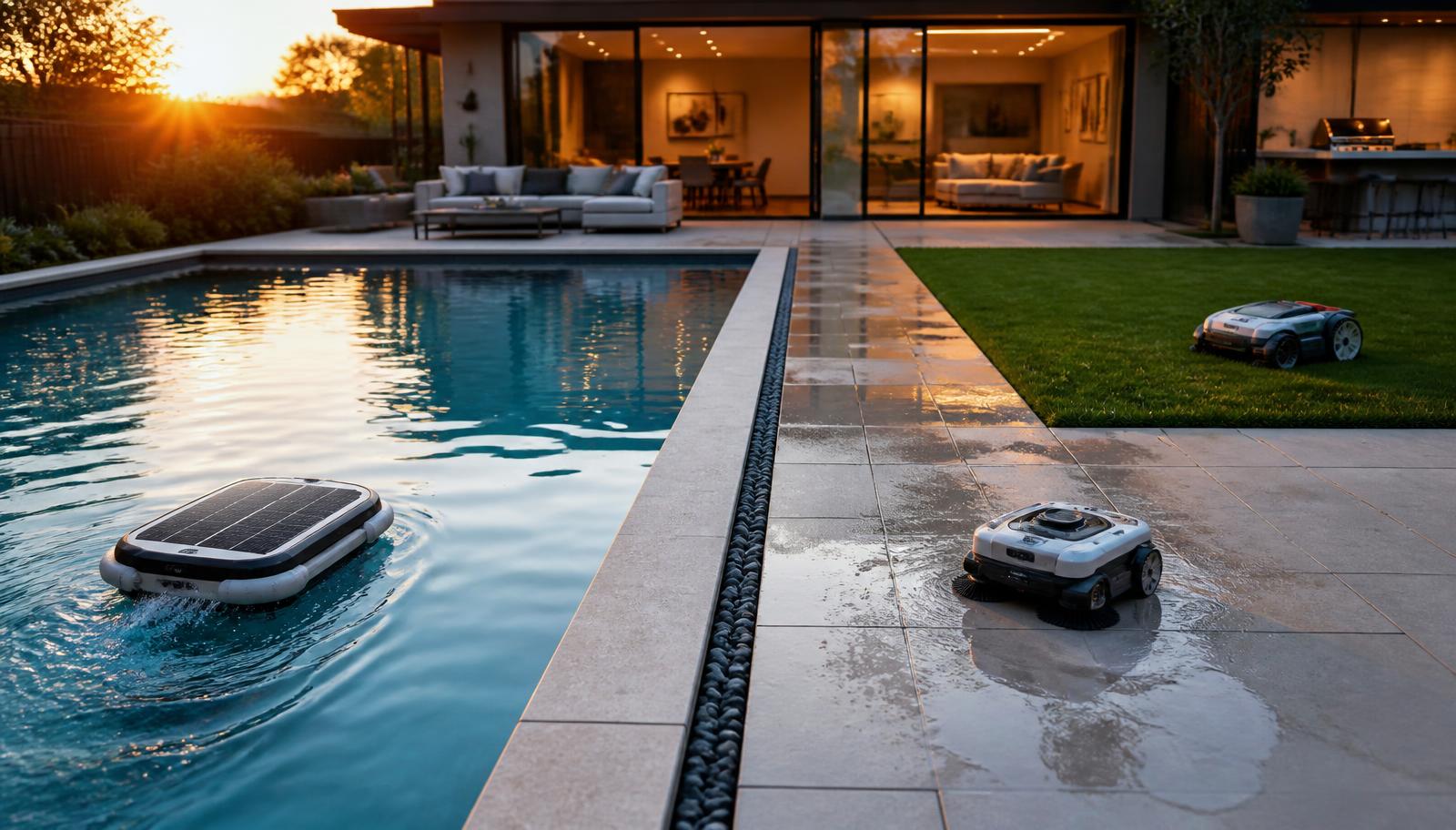 A modern backyard at sunset with a solar pool skimmer on the water, an autonomous patio scrubber on the pavers and a robotic lawn mower on the grass. Image by www.CleaningRobots.Online.