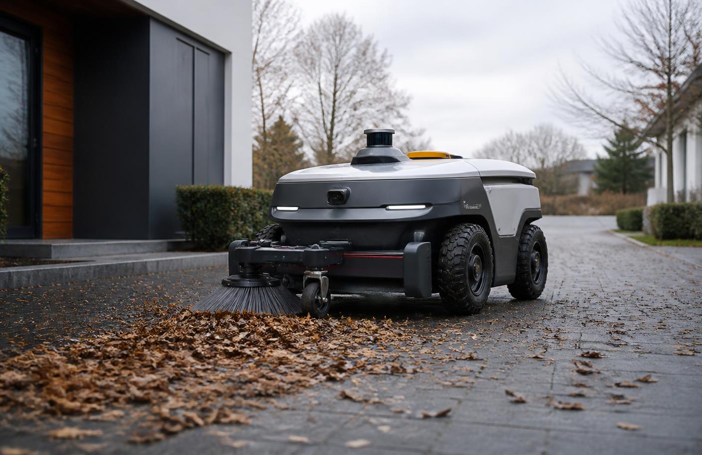 An all-weather autonomous outdoor sweeper robot clearing fallen leaves from a paved driveway next to a modern home. Image by www.CleaningRobots.Online.