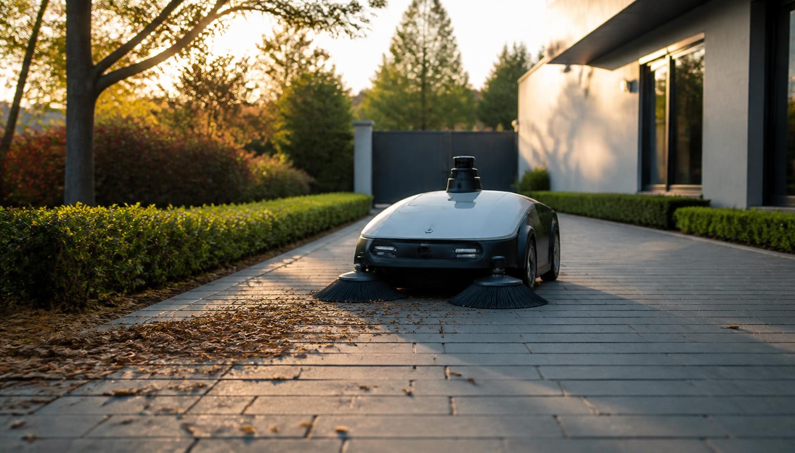 An outdoor sweeper robot moving across a paved driveway clearing leaves and dust. Image by www.CleaningRobots.Online.