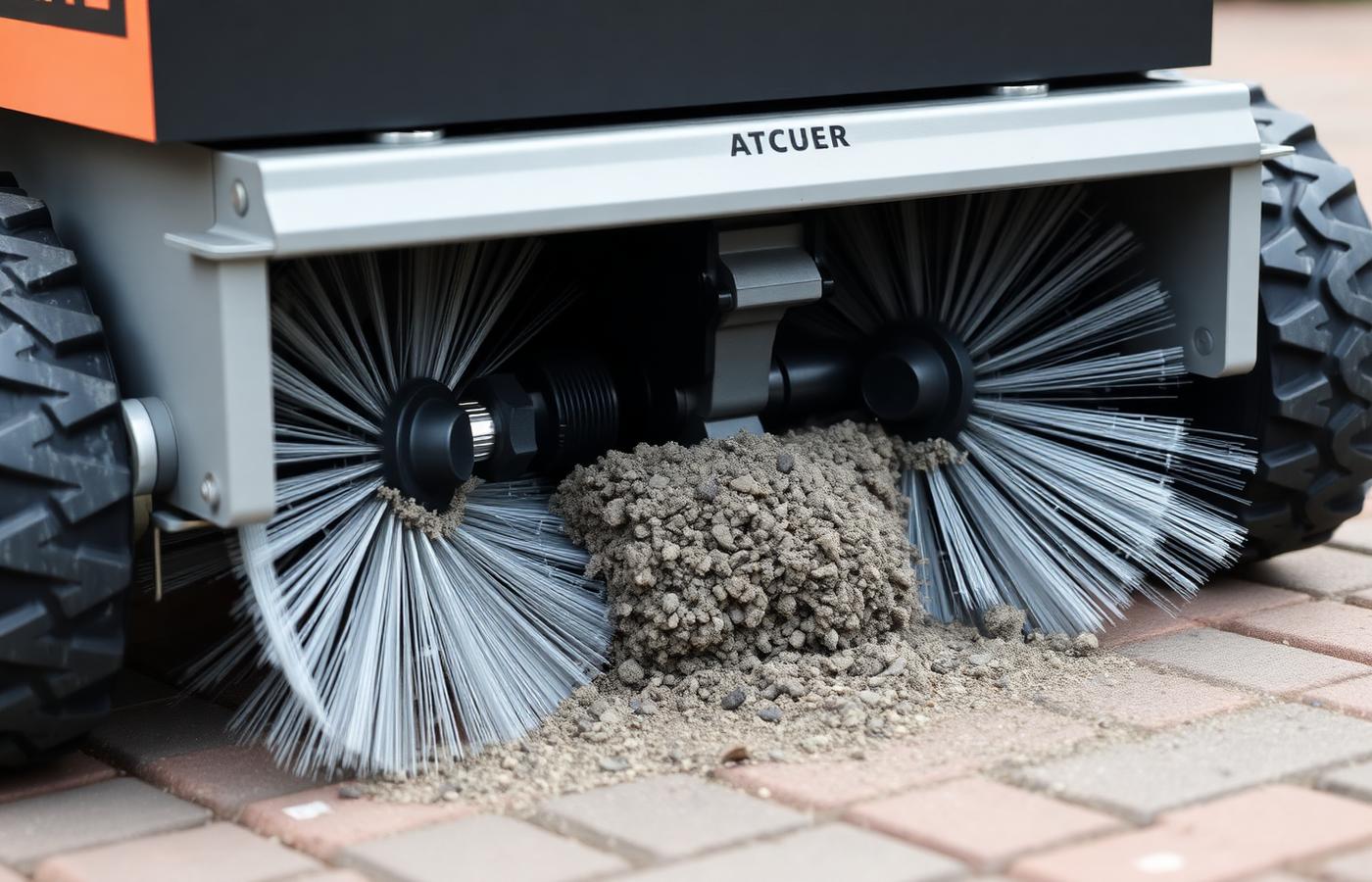 Close-up of rotating side brushes on an outdoor sweeper robot pushing debris into its path. Image by www.CleaningRobots.Online.