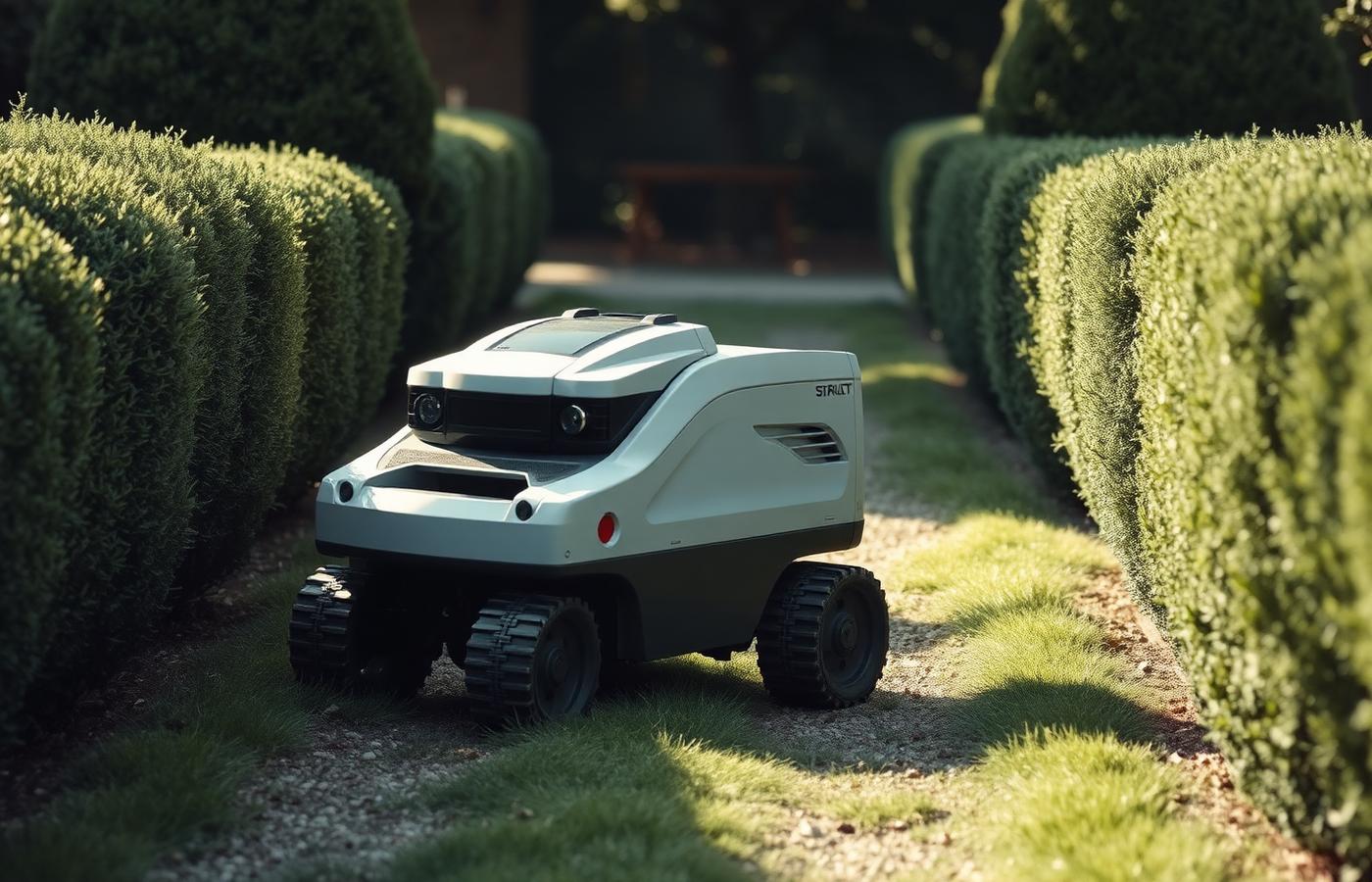 An outdoor sweeper robot navigating a garden path edged with pavers and garden beds. Image by www.CleaningRobots.Online.