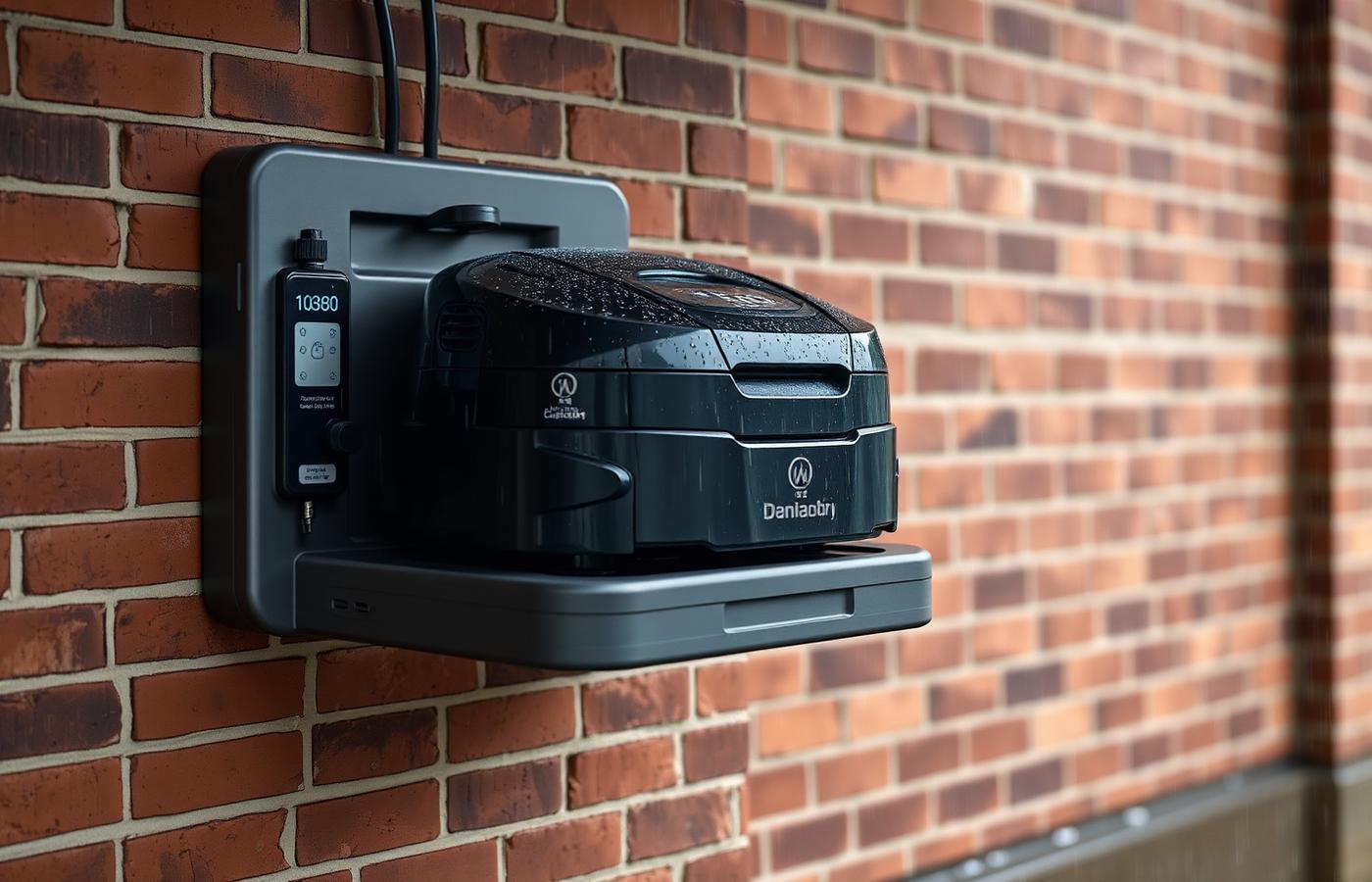 A charging dock for an outdoor sweeper robot positioned at the edge of a driveway. Image by www.CleaningRobots.Online.