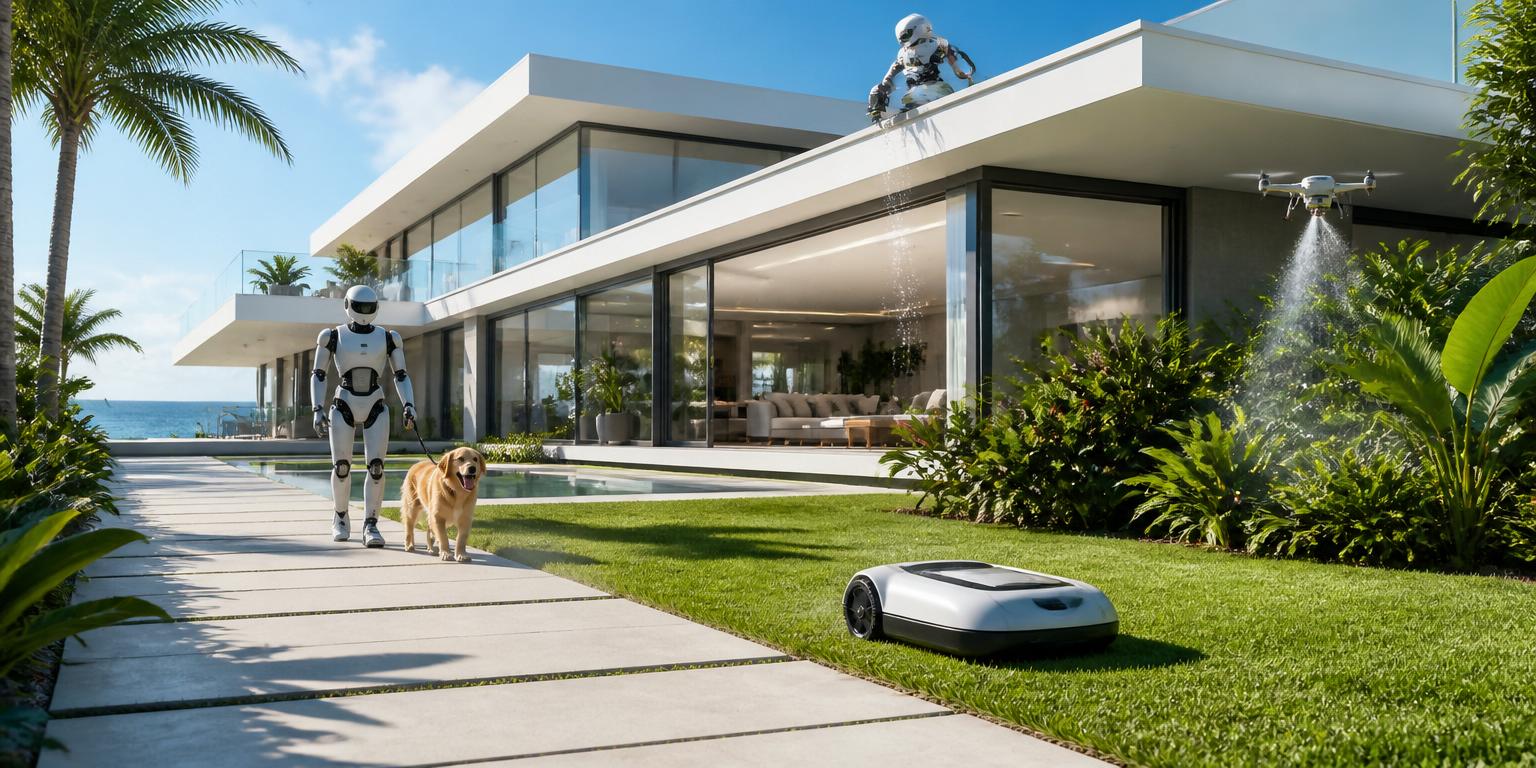 Blended scene of outdoor and workplace robots including a robotic lawn mower, a robotic dog walker with a golden retriever, a security patrol robot, a food delivery robot, and a warehouse lifting robot. Image by www.CleaningRobots.Online.