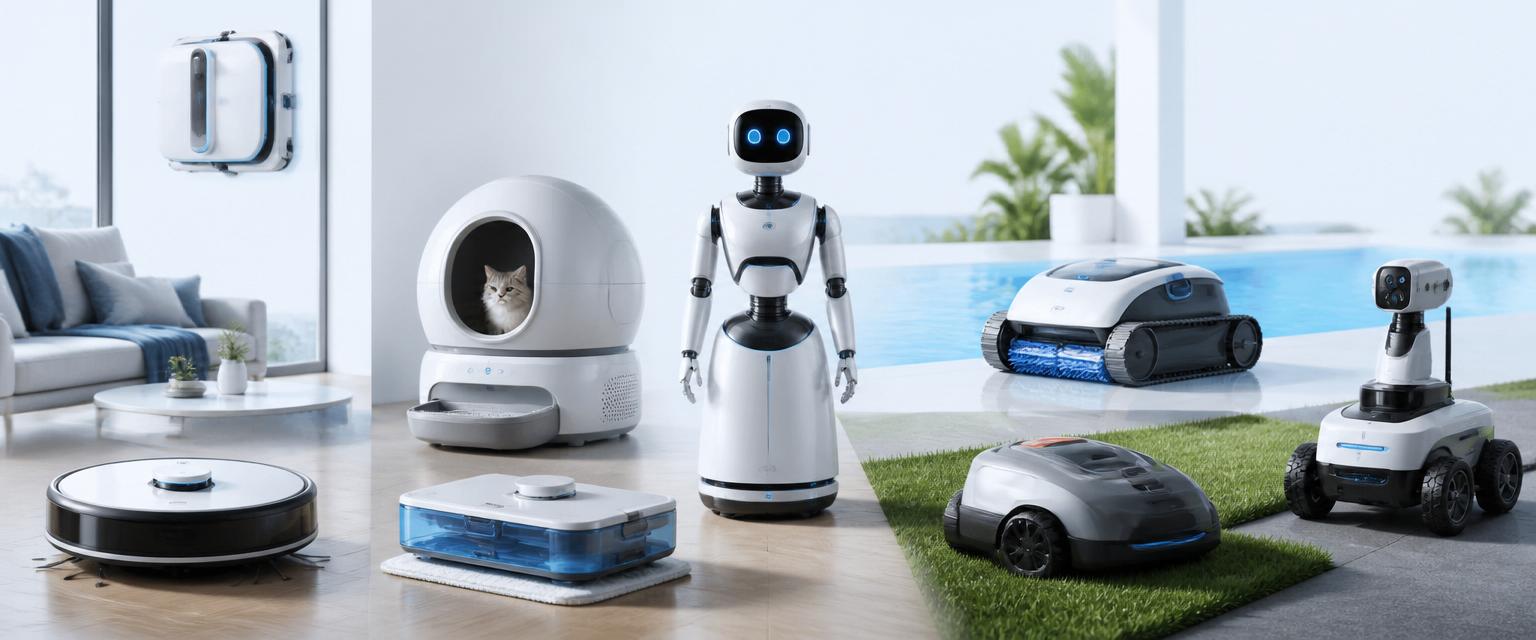 Worldwide montage of robot vacuums, mops, pool cleaners, lawn mowers, window bots, litter boxes, home assistants and security robots. Image by…