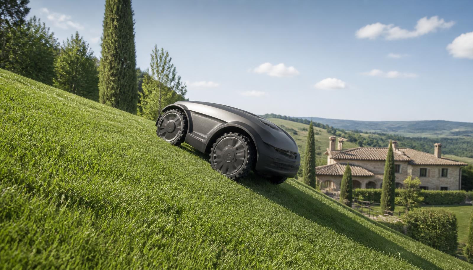 A robot lawn mower climbing a grassy slope in a large backyard. Image by www.CleaningRobots.Online.