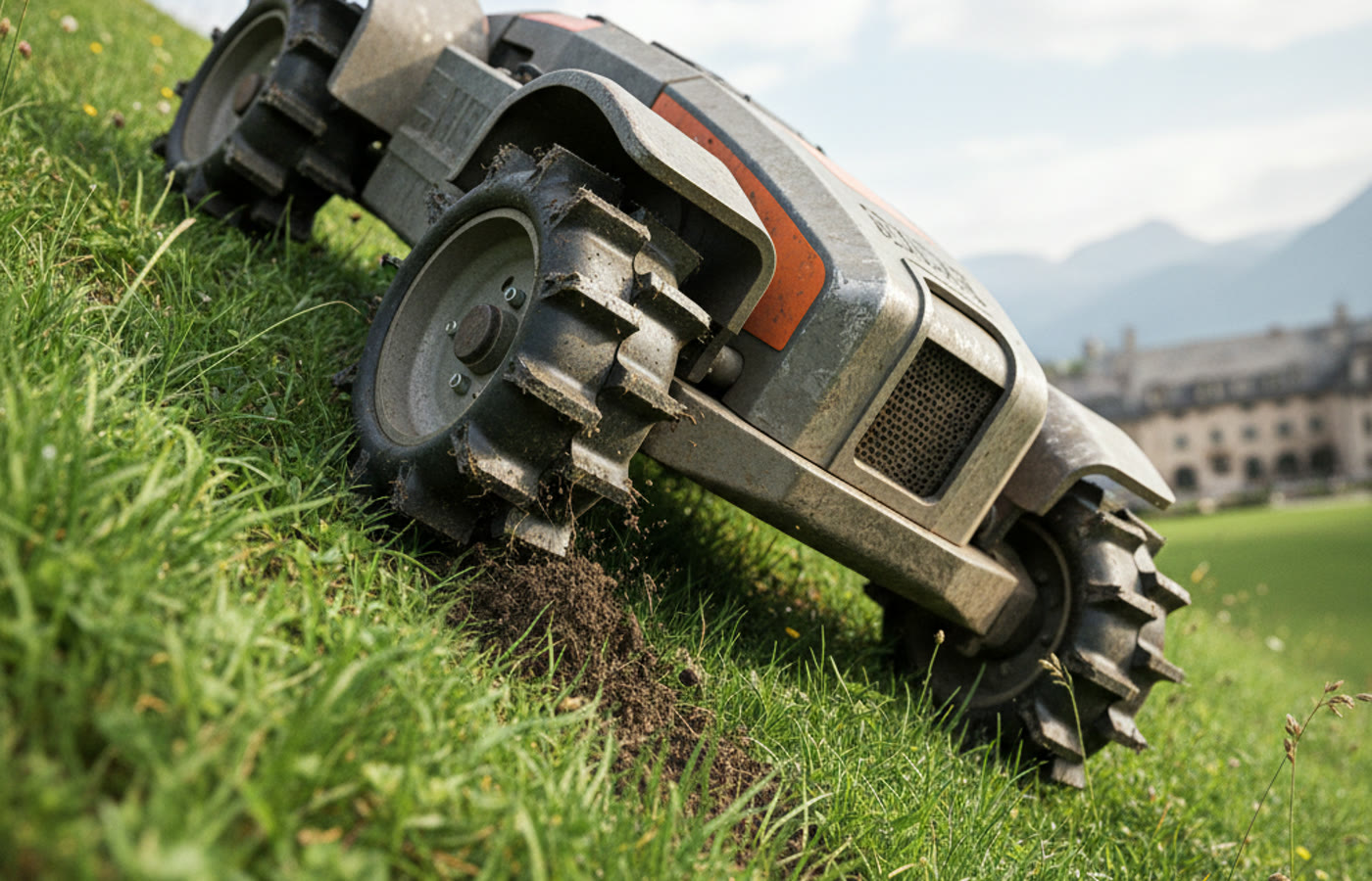 A robot mower's charging station positioned at the edge of a sprawling lawn. Image by www.CleaningRobots.Online.