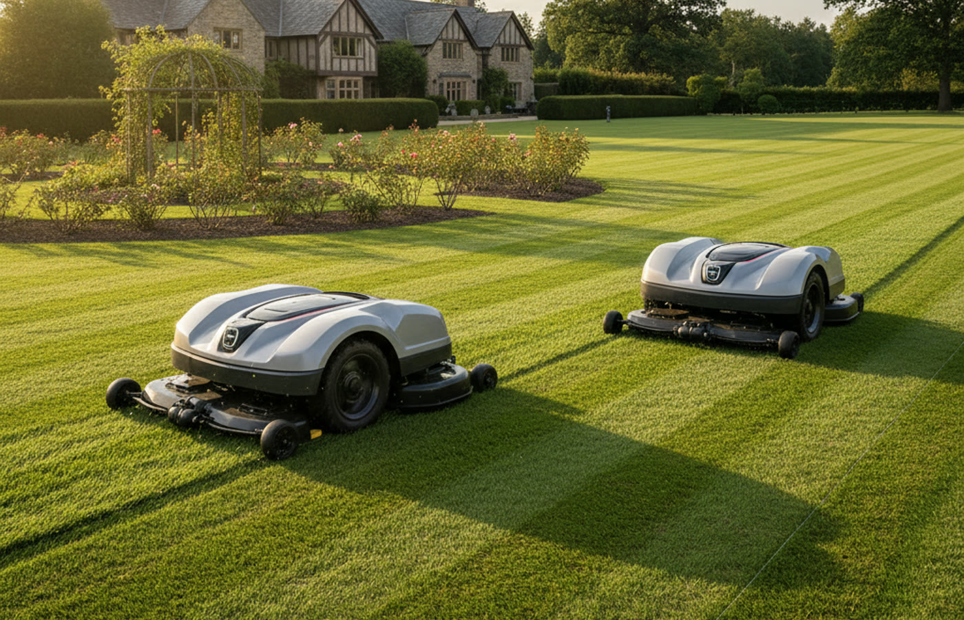 An aerial view of a large mowed lawn with defined mowing stripe patterns. Image by www.CleaningRobots.Online.
