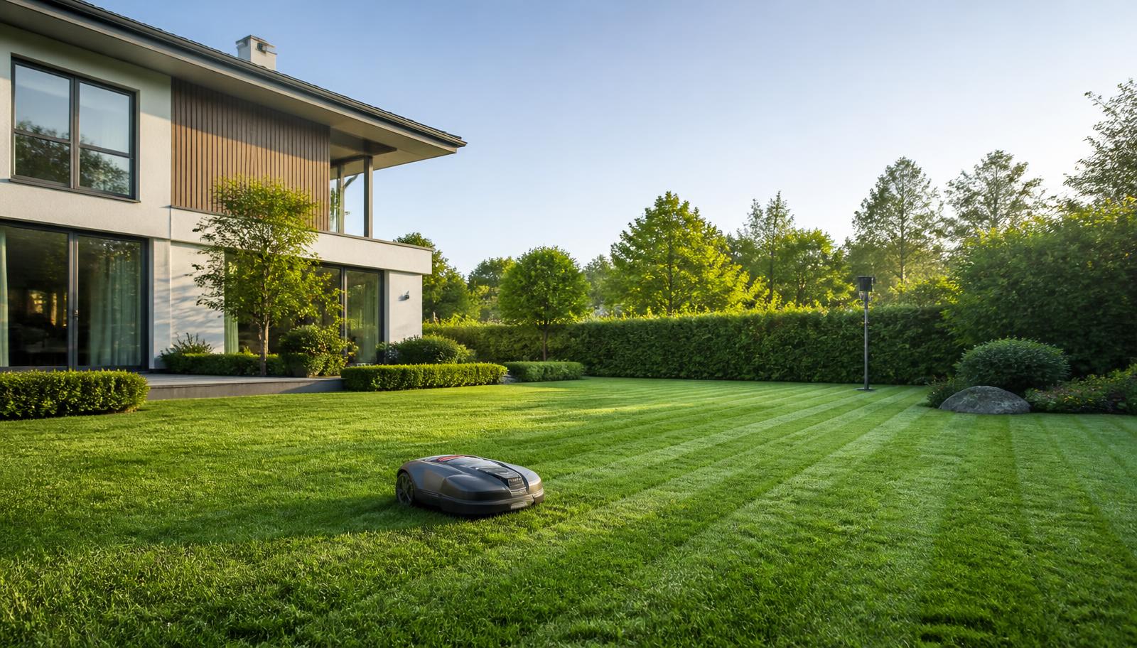 A wire-free robot lawn mower cutting grass in a suburban backyard with no visible boundary cable. Image by www.CleaningRobots.Online.