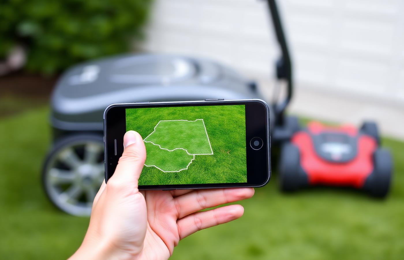 A robot lawn mower with a front-facing camera navigating around a garden bed obstacle. Image by www.CleaningRobots.Online.