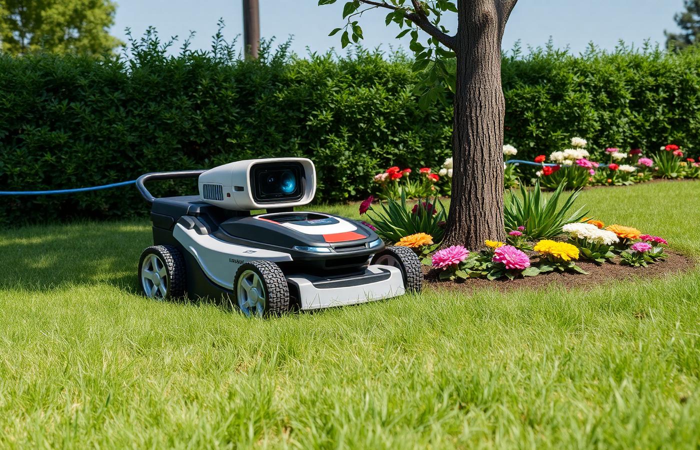 A robot lawn mower docked and charging on its base station on a lawn edge. Image by www.CleaningRobots.Online.